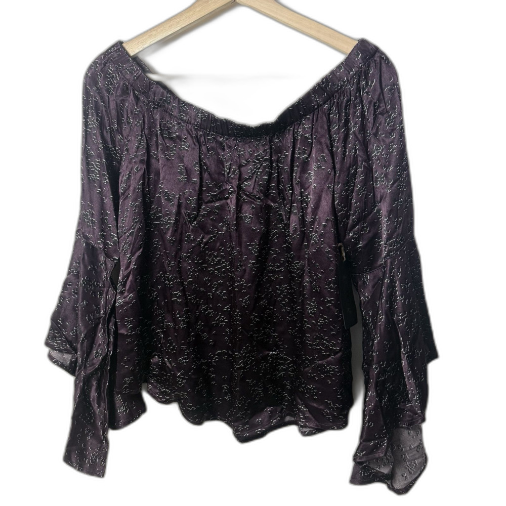 Shyanne Top Womens M Purple Off The Shoulder Bell Sleeve Satin Rodeo Westerncore